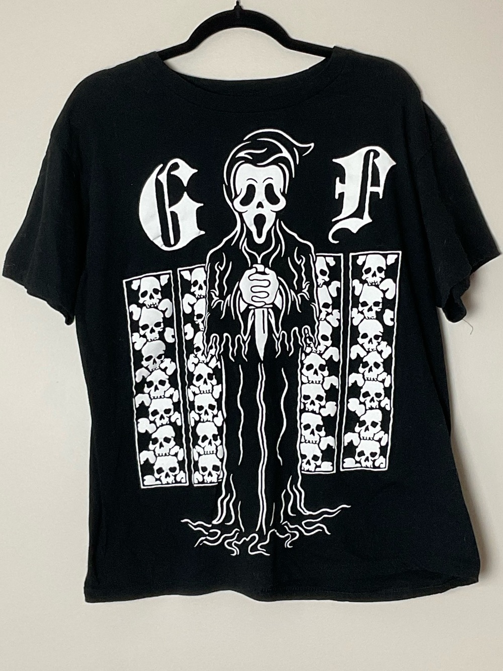 Ghost Face Black Graphic Tee White Skull Reaper Panel Gothic Streetwear Size L